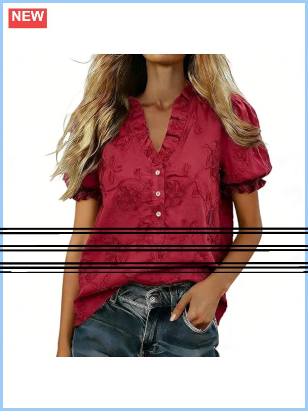 Women's 100% Cotton Floral Embroidered Ruffle Puff Sleeve V-Neck Blouse